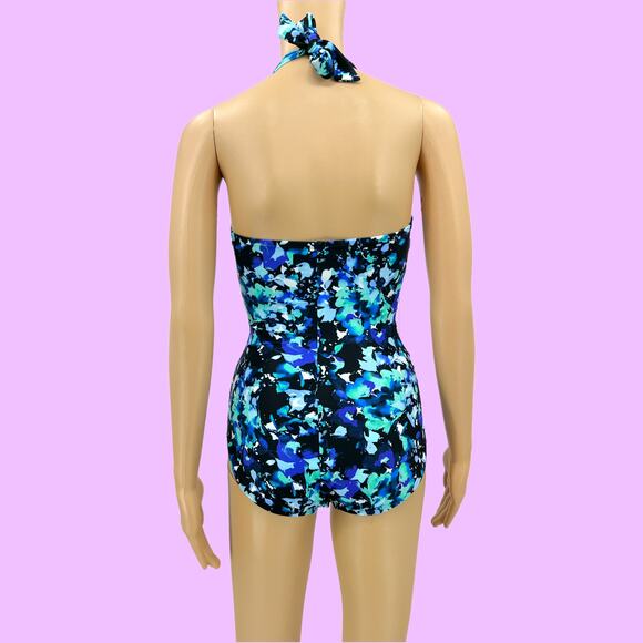 Speedo SMALL Blue Floral Halter Neck One Piece Swimsuit Swimwear Bathing Suit - Picture 3 of 9